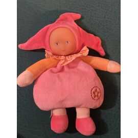 DOUDOU COROLLE POUPEE ROSE ORANGE BONNET 3 POINTE COL ETOILE COEUR 26CM