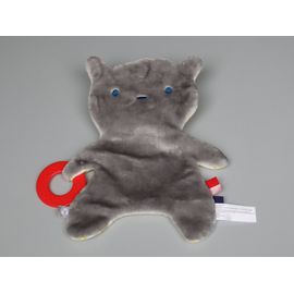 Doudou chat plat gris blanc jaune Oxybul