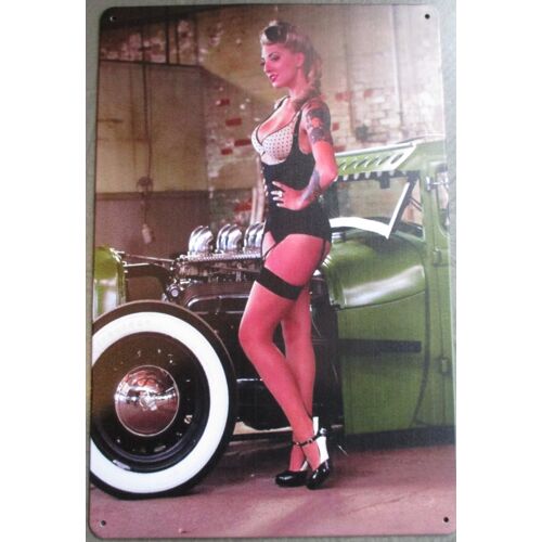 Plaque Métal Pin-Up & Green Hot Rod - Déco Garage Vintage - 20x30 Cm