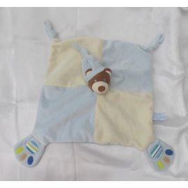 Doudou plat carré ours bleu et écru bonnet empreintes Gipsy