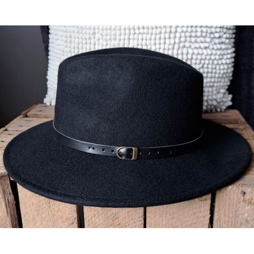 Chapeau Laine Noir 100% Laine-Fabriqué En Italie -Taille 56, M-Petite Ceinture Cuir