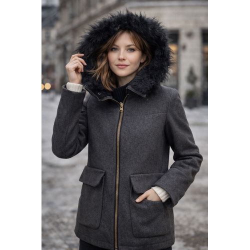 Parka Grise Cintrée Zara Capuche Fausse Fourrure – Xs 34 – Chic Hiver