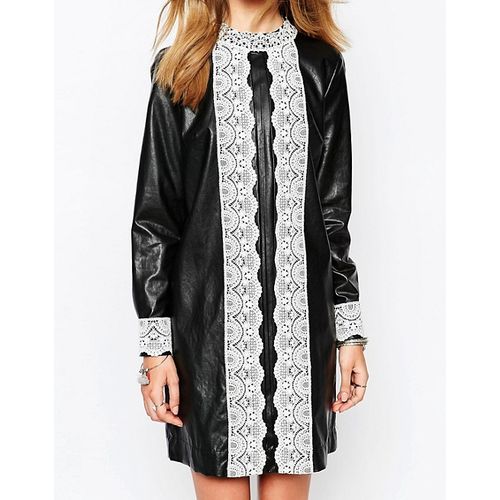 Gat Rimon - Robe Courte En Cuir Synthétique Noir Et Dentelle Blanche T3-40