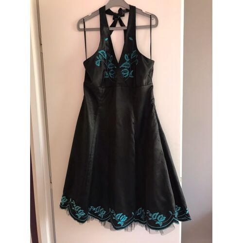 Xanaka - Robe Dos Nu Noir Et Bleu Roi Turquoise Broderies Florales Et Perles Xl-42