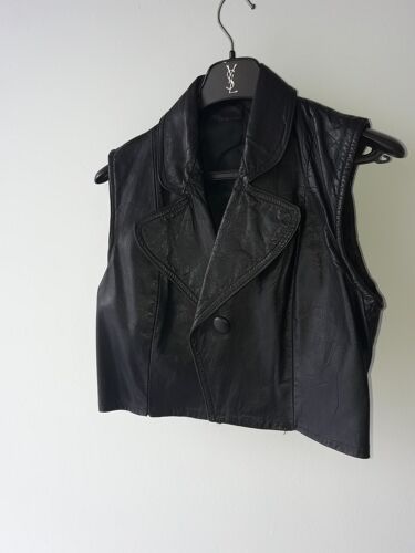 Cuir Gilet Femme Sans Manche Debardeur Veste Bolero Peau Noir Taille 38 Col Revers Blouson Court Style Rock Perfecto