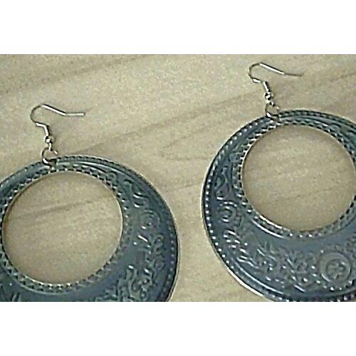 Créoles 100% Neuves - Grande Et Légère - Bleu Grisé Métallisé + Jolie Gravure - Boucles D'oreilles Bijou Pour Les Oreilles En Métal Léger - Réf Collier Bague Pendentif - Dessous Aspect Argent Argenté