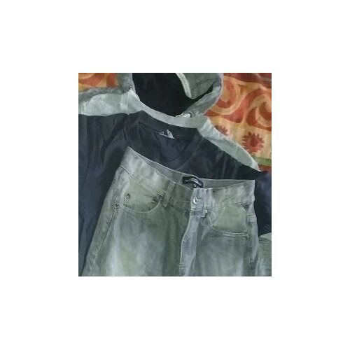 Veste Gris Marine + T-Shirt Rayé Blanc Bleu Vert + T-Shirt Gris Jaune + Jeans Gris - Gildan 3 Suisses Collection U Be Kool - 4 Pièces - 12ans - Garçon