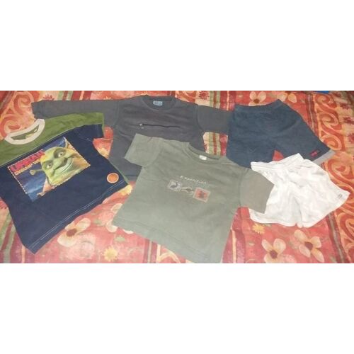 T-Shirt Manches Longues Gris + T-Shirt Manches Courtes Marine Vert + T-Shirt Manche Court Kaki + Short Jean Bleu + Short Blanc - Shrek 2 Disney Rw Décathlon - 5 Pièces - 4 Ans - Garçon