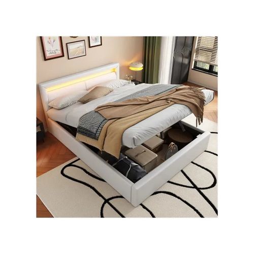 Lit LED, 140*190 cm, avec sommier à lattes et rangement, avec tête de lit éclairée en différentes couleurs, blanc