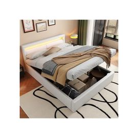 Lit LED, 140*190 cm, avec sommier à lattes et rangement, avec tête de lit éclairée en différentes couleurs, blanc