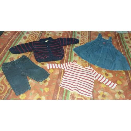 Veste En Laine Marine Tricoter + Robe En Jeans Bleu + Pantalon Jeans Gris + T-Shirt Manche Longue Rayée Rouge Blanc - Mini Gang Camaïeu Grain De Blé - 4 Pièces - 1 An - Fille