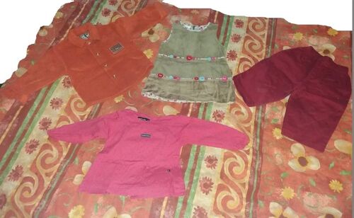 Pull Orange Power Manches Longues + Robes Verte Peau De Pêche + T-Shirt Manche Longue Rose + Pantalon Bordeau - Juke Box Dpam Les Petites Barbie - 4 Pièces - 1 An - Fille