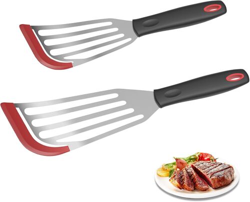 Lot De 2 Spatules À Poisson En Silicone Pour Ustensiles De Cuisine Antiadhésifs, Spatule À Poisson En Acier Inoxydable Avec Bord En Silicone Résistant À La Chaleur (Rouge)