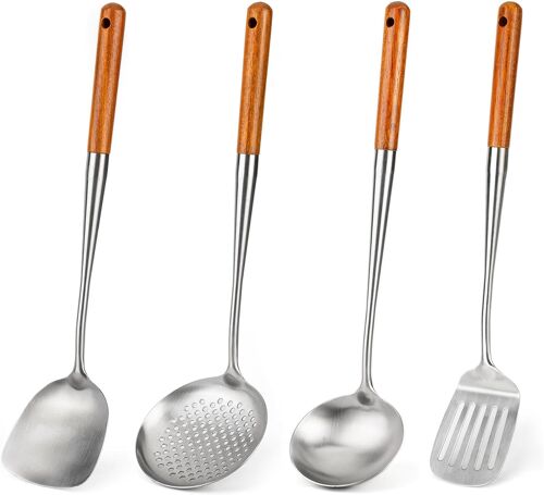 Ensemble De 4 Ustensiles De Cuisine En Acier Inoxydable 304 Comprenant Une Spatule, Une Louche, Une Écumoire Et Une Spatule Ajourée Pour Wok (43 Cm). Accessoires Pour Wok.