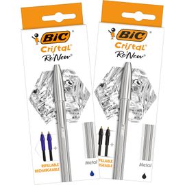 Stylo Bille Rechargeable Bic Cristal Re'New - Premium - Bleu Et Noir, Lot De 2 + 4 Recharges