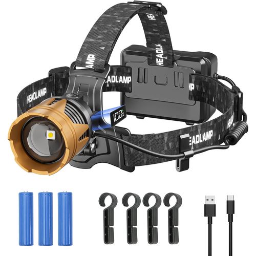 Lampe Frontale Led Rechargeable, Lampe Frontale De Camping, Rechargeable, Avec Détecteur De Mouvement, 7 Modes, Zoomable, 9000 Mah, Fonctionne Avec Des Piles, Réglable À 90 °, Étanche Ipx67