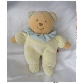 Doudou Peluche Ours Jaune Col Bleu Grelot Tex