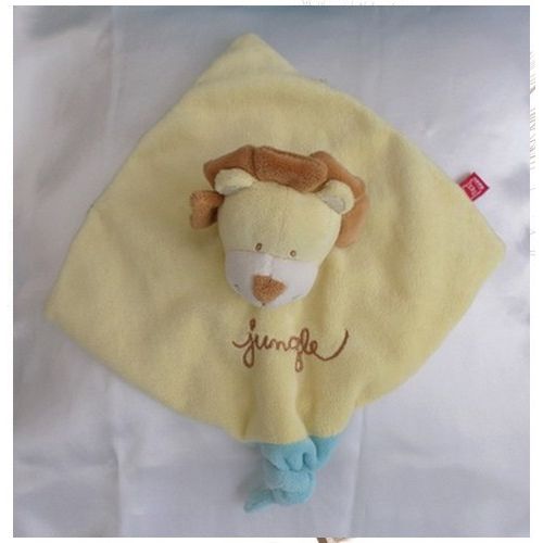 Doudou Plat Carré Lion Jungle Jaune Bleu Attache Tétine Tex Baby