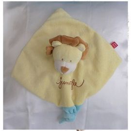 Doudou Plat Carré Lion Jungle Jaune Bleu Attache Tétine Tex Baby