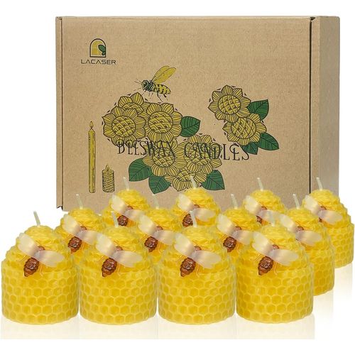 Bougies Cire d Abeille Lot de 12, Decors Abeille Ornement, Cadeau Theme Nature, Sans Odeur et Sans Fumee