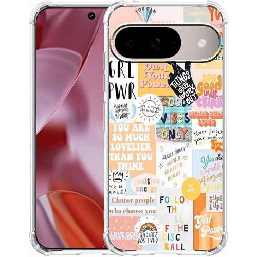 Coque pour Google Pixel 9/9 Pro, Design Beige, Motifs Collage de Citations Positives Inspirantes, Couverture Telephone Souple TPU Tendance (P9, Jaune)