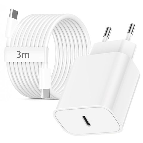 TRAHOO-20W Chargeur USB C Charge Rapide avec Câble USB C 3 mètre pour Apple iPhone 17 16 15 Plus Pro Max/iPad/Air/MacBook,Adaptateur Prise usb-c Chargeur Rapide iPhone et Nylon Cable USBC vers usbc B