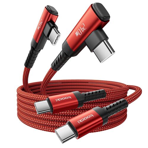 TRAHOO-240W Câble USB C vers USB C 2M [2 Pièces], Angle 90 Degrés Type-C Charge Rapide PD3.1 Nylon Tressé Compatible avec iPhone 17 16 Pro Max Galaxy S25 S24 Ultra Pixel 7 MacBook Air, Rouge