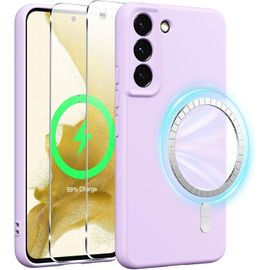TRAHOO-Coque Magnétique en Silicone pour Samsung Galaxy S22 5G 6,1 Pouces avec 2 Verre Trempé, Compatible avec MagSafe Aimants Intégrés, Étui Housse Antichoc Anti-Rayures, Violet