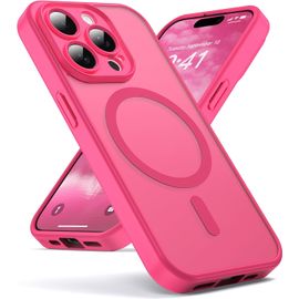 TRAHOO--Coque pour iPhone 15 Pro Max Compatible avec MagSafe Magnétique, Housse de Arrière Translucide Givrée PC, TPU Silicone Bumper Étui Protection Antichoc Militaire Anti-Empreintes-Rose Rouge