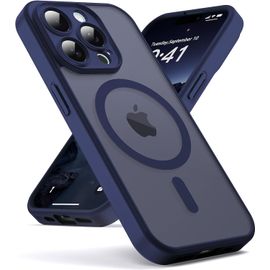 TRAHOO--Coque pour iPhone 15 Pro Max Compatible avec MagSafe Magnétique, Housse de Arrière Translucide Givrée PC, TPU Silicone Bumper Étui Protection Antichoc Militaire Anti-Empreintes-Navyblue