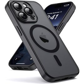 TRAHOO--Coque pour iPhone 15 Pro Max Compatible avec MagSafe Magnétique, Housse de Arrière Translucide Givrée PC, TPU Silicone Bumper Étui Protection Antichoc Militaire Anti-Empreintes-Noir