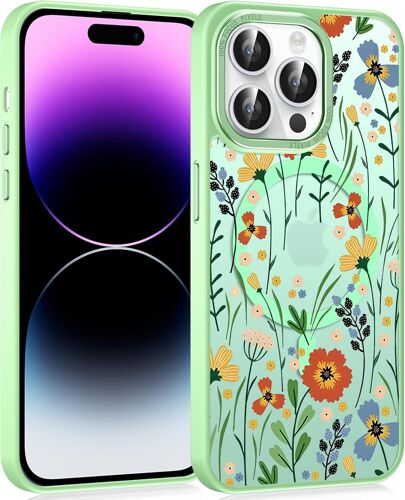 TRAHOO-Magnétique Coque pour iPhone 14 Pro Max 6,7"", Aesthetic Motif Fleur Filles Dessin Étui Compatible avec MagSafe, Translucide Mat Case Mince Silicone TPU + PC Antichoc Protection Housse, Vert