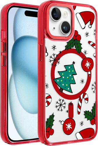 TRAHOO-Noël Magnétique Coque pour Apple iPhone 15 6,1"", Etui en Aesthetic Christmas Arbre de Noël Motif Dessin Compatible avec MagSafe Case, Transparente Silicone Housse PC Cover pour iPhone 15