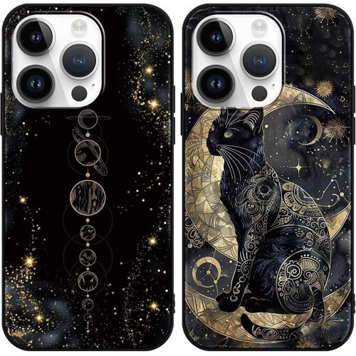 TRAHOO-2 Pièces Coque pour iPhone 16 Pro Max 6,9"",Cool Noir Chat Aesthetic Lune Cartes de Tarot Motif Mignon Cat Cartoon Cover,Antichoc Protection Silicone Souple Coque de Téléphone Case