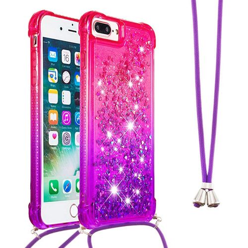TRAHOO-Collier Coque pour iPhone SE 2020 / iPhone 8/7,Glitter Paillette Brillante Quicksands Liquide Transparente Silicone TPU Case Housse avec Cordon Collier Tour de Cou pour iPhone 8,YB GS Pink Pur