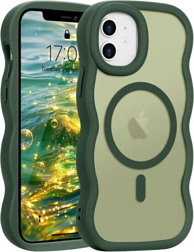 TRAHOO-Coque Magnétique pour iPhone 12/iPhone 12 Pro [Compatible avec Magsafe] Translucide Mat Cadre Vague Bouclée Coque de Téléphone Slim Fit Antichoc Housse de Protection pour Homme et Femme-Vert
