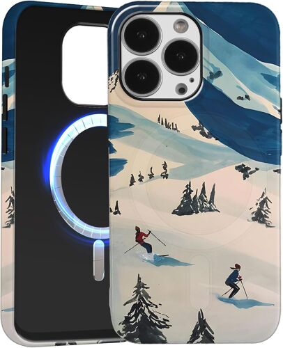 TRAHOO-Coque Magnétique pour iPhone 16 Pro 6,3"", Compatible avec MagSafe, Aesthetic Ski Motif Collage Dessin Étui Filles Femmes Case, Mince Silicone TPU + PC Housse Antichoc Cover, Bleu