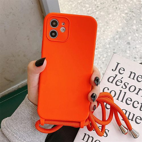 TRAHOO-Coque pour iPhone 12 Mini avec Cordon de Collier Réglable - Silicone TPU Bumper Cover - Housse avec Lanière et Chaîne - Orange