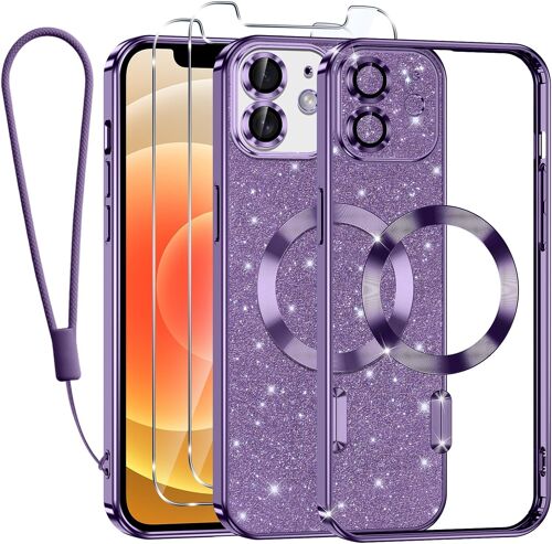 LORANKA-Glitter Magnétique Coque pour iPhone 12 avec Cordon, Compatible avec MagSafe Antichoc Brillant Paillette Housse Étui Transparent Protection Case avec 2 Verre Trempé pour Femme Violet