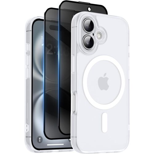 KALANKA-Coque Magnétique pour iPhone 16 avec 2 Verre Trempé Anti-Espion, Compatible avec MagSafe, Étui Mat Translucide Arrière Housse Antichoc Anti-Rayures, Blanc givré