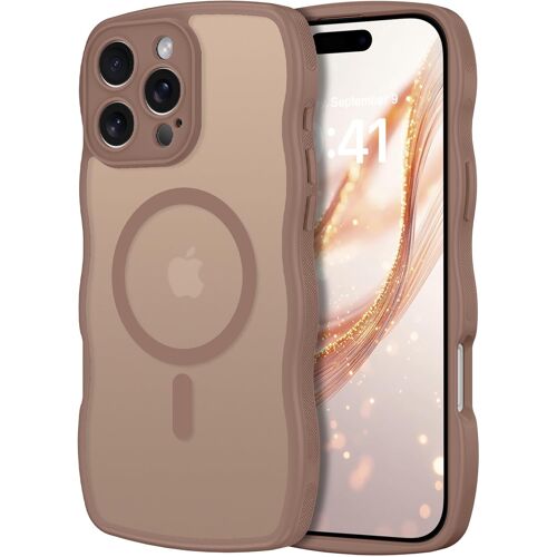 TRAHOO-Coque Magnétique pour iPhone 16 Pro Max, 6,9 Pouces, Compatible avec MagSafe, Protection Complète de l'appareil Photo, Coque iphone 16 Pro Max ondulée Forme Bouclée Etui Translucide, Brun
