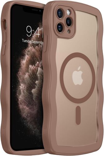 TRAHOO-Coque Magnétique pour iPhone 11 Pro Max, 6,5 Pouces, Compatible avec MagSafe,Coque iphone 11 Pro Max ondulée Forme Bouclée Etui Translucide Mat Arrière Housse Fine Antichoc Case, Brun