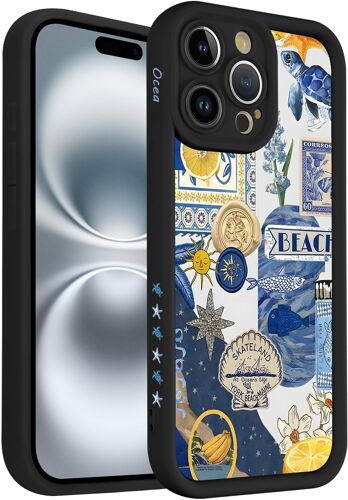 TRAHOO-Coque pour Apple iPhone 16 Pro 6,3"", Aesthetic Été Océan Animal Fille Etui avec Motif Dessin Latéral Mignon Housse, Ultra Mince Souple Silicone Cover Antichoc Bumper Protection Case, Noir