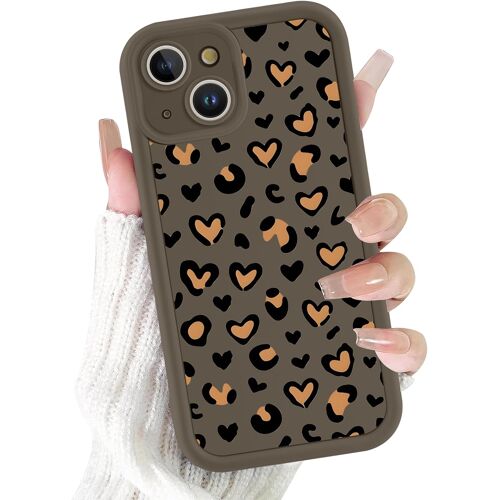 TRAHOO-Coque pour iPhone 15, Mignon Léopard Coeur Motif Aesthetic Étui Filles Femmes Dessin Case, Mince Silicone Souple TPU Bumper Housse Antichoc Protection Cover pour iPhone 15 6,1"", Kaki