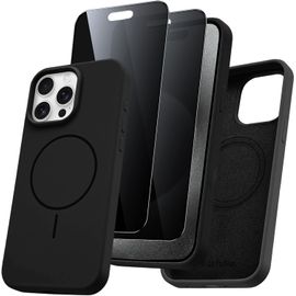 TRAHOO-Coque pour iPhone 15 Pro Compatible avec MagSafe, Magnétique Silicone Liquide avec 2 Pièces Verre Trempé Anti-Espion, Étui de Protection Antichoc Anti-Rayures Housse pour iPhone 15 Pro,Noir