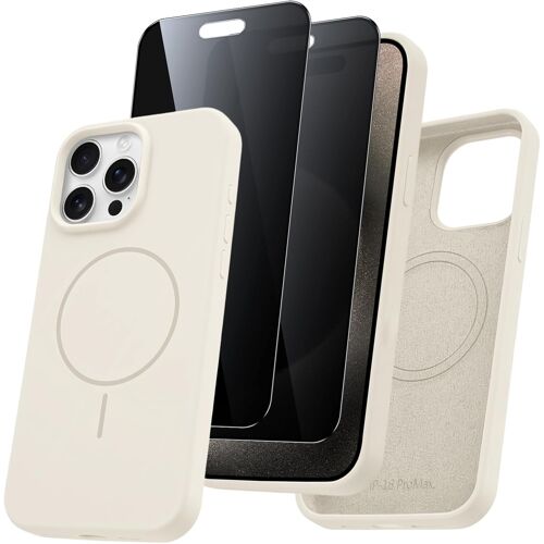TRAHOO-Coque pour iPhone 15 Pro Compatible avec MagSafe, Magnétique Silicone Liquide avec 2 Pièces Verre Trempé Anti-Espion, Étui de Protection Antichoc Anti-Rayures Housse pour iPhone 15 Pro,Blanc