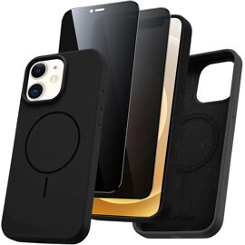 TRAHOO-Coque pour Apple iPhone 12 6,1"" Compatible avec MagSafe, Magnétique Silicone Liquide avec 2 Pièces Verre Trempé Anti-Espion, Anti-Jaune Étui de Protection Antichoc Anti-Rayures Housse, Noir