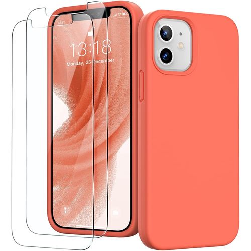 TRAHOO-3 en 1 Coque pour iPhone 12 Mini Silicone Liquide 5,4 Pouces - avec 2 Verre Trempé - Étui de Protection Antichoc en Microfibre Douce[Résistant aux Rayures] [Antidérapant], Orange