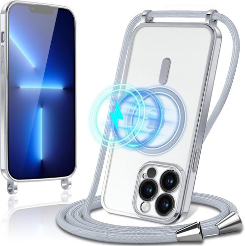 TRAHOO-Collier Magnétique Coque avec Cordon pour iPhone 13 Pro Max, Transparent Réglable Étui Chain Chaine Housse de Souple Silicone Antichoc Etui Bandouliere Laniere pour iPhone 13 Pro Max-Blanc