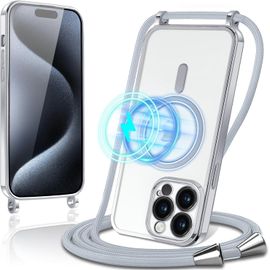 TRAHOO-Collier Magnétique Coque avec Cordon pour iPhone 15 Pro, Transparent Réglable Étui Chain Chaine Housse de Souple Silicone Antichoc Etui Bandouliere Laniere pour iPhone 15 Pro-Blanc